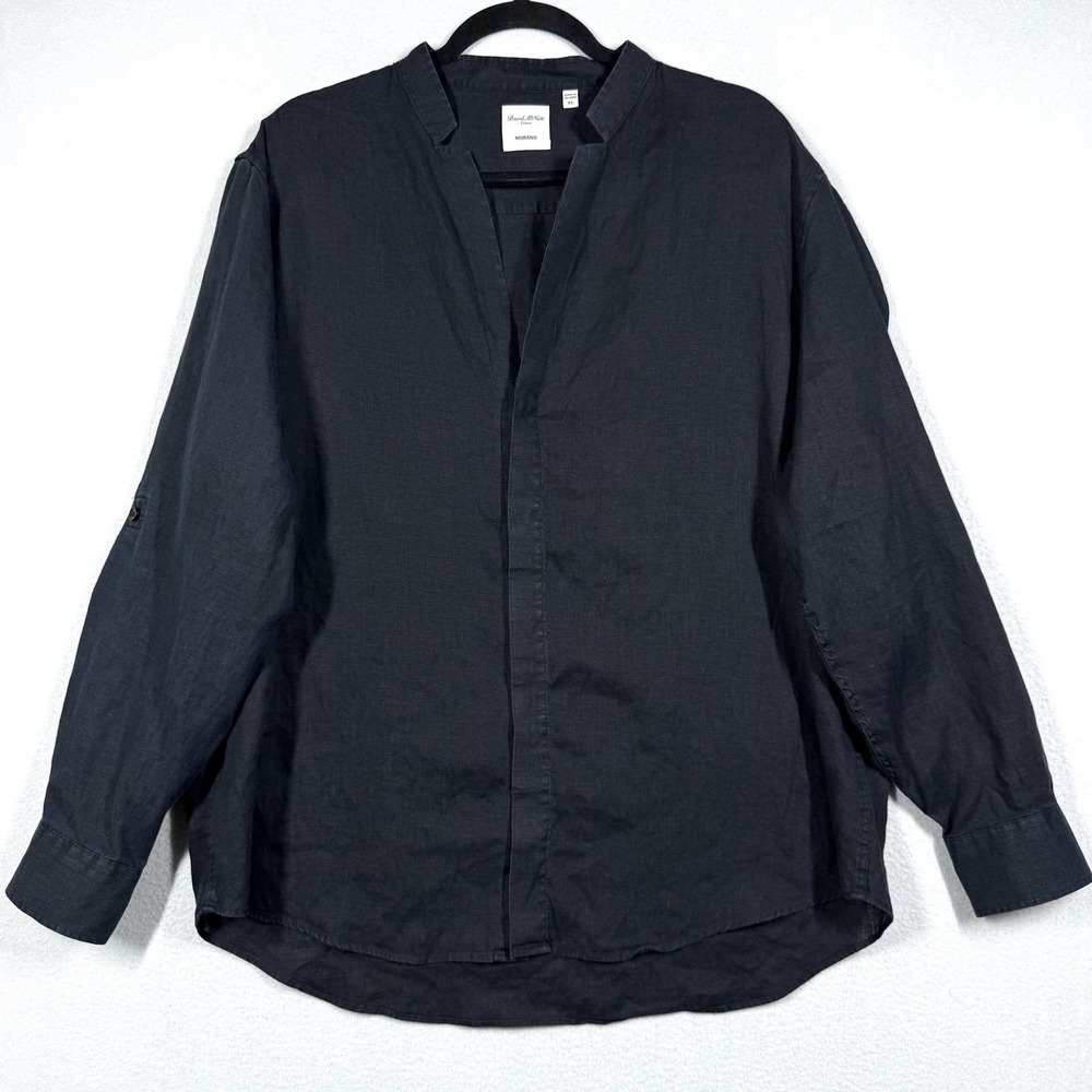 Baird McNutt Murano Linen Shirt Mens XL Black Mandarin Collar Notch Roll Tab